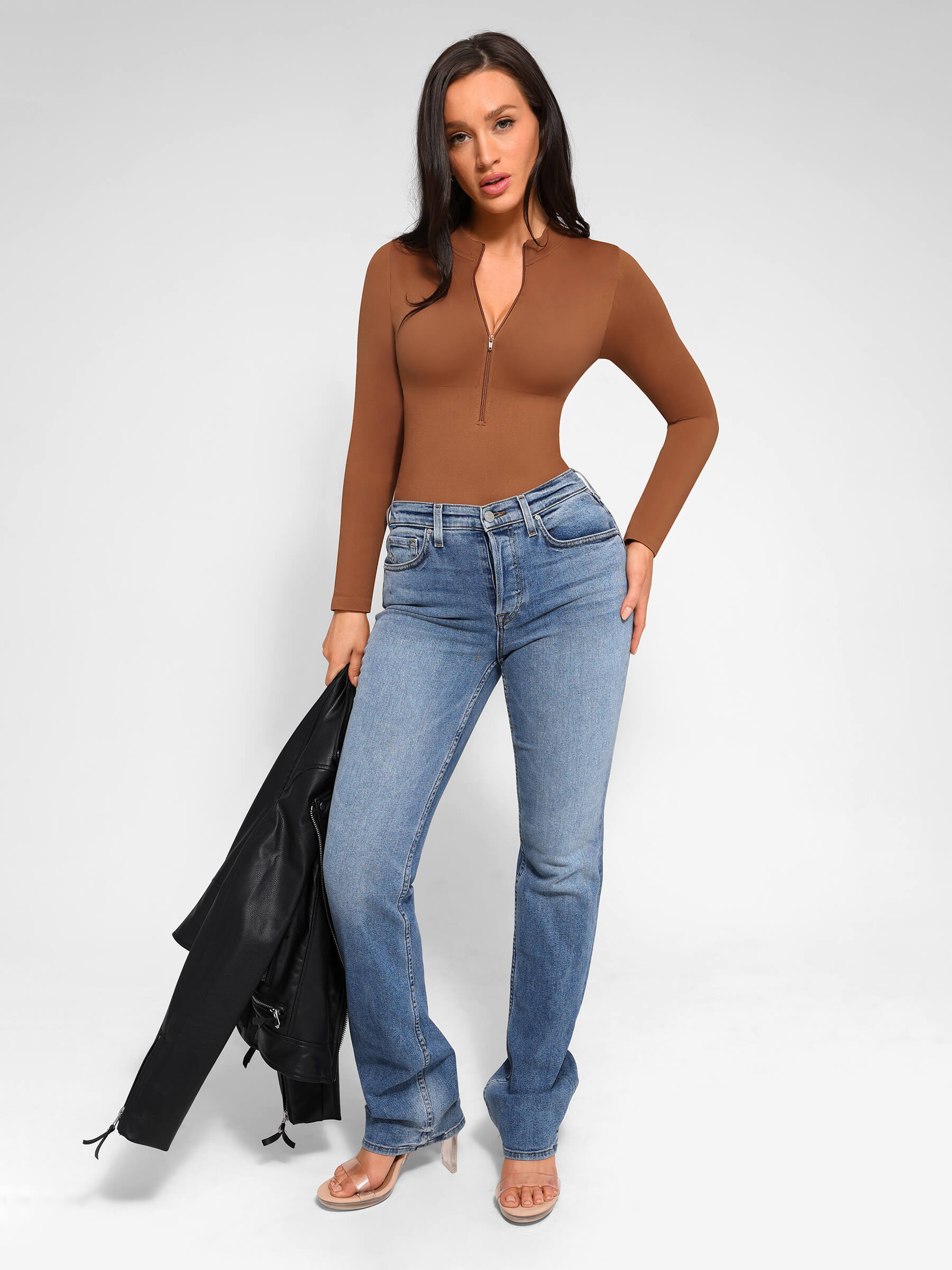 MyCurve Seamless Long Sleeve Zipper Thong Bodysuit