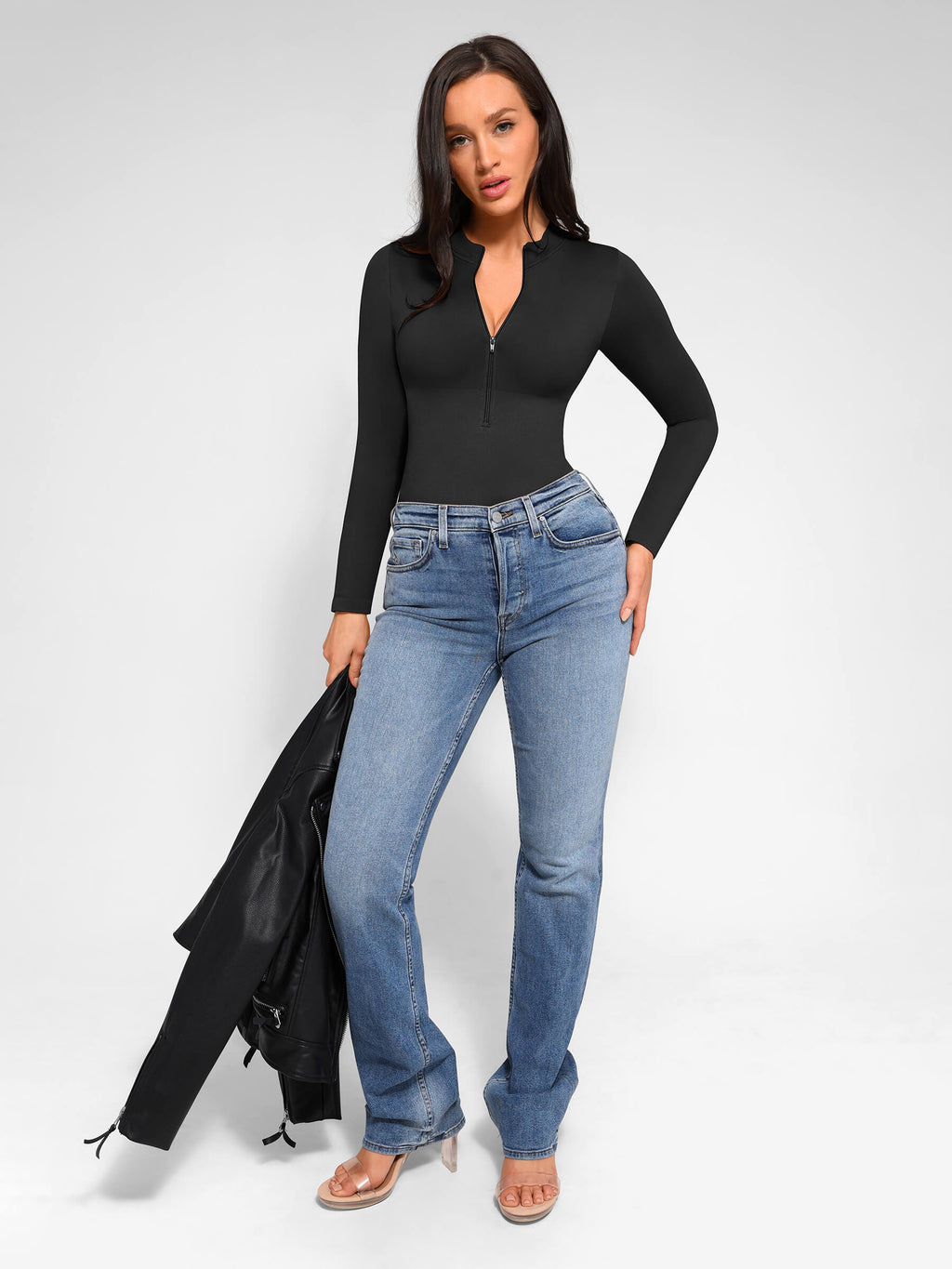 MyCurve Seamless Long Sleeve Zipper Thong Bodysuit