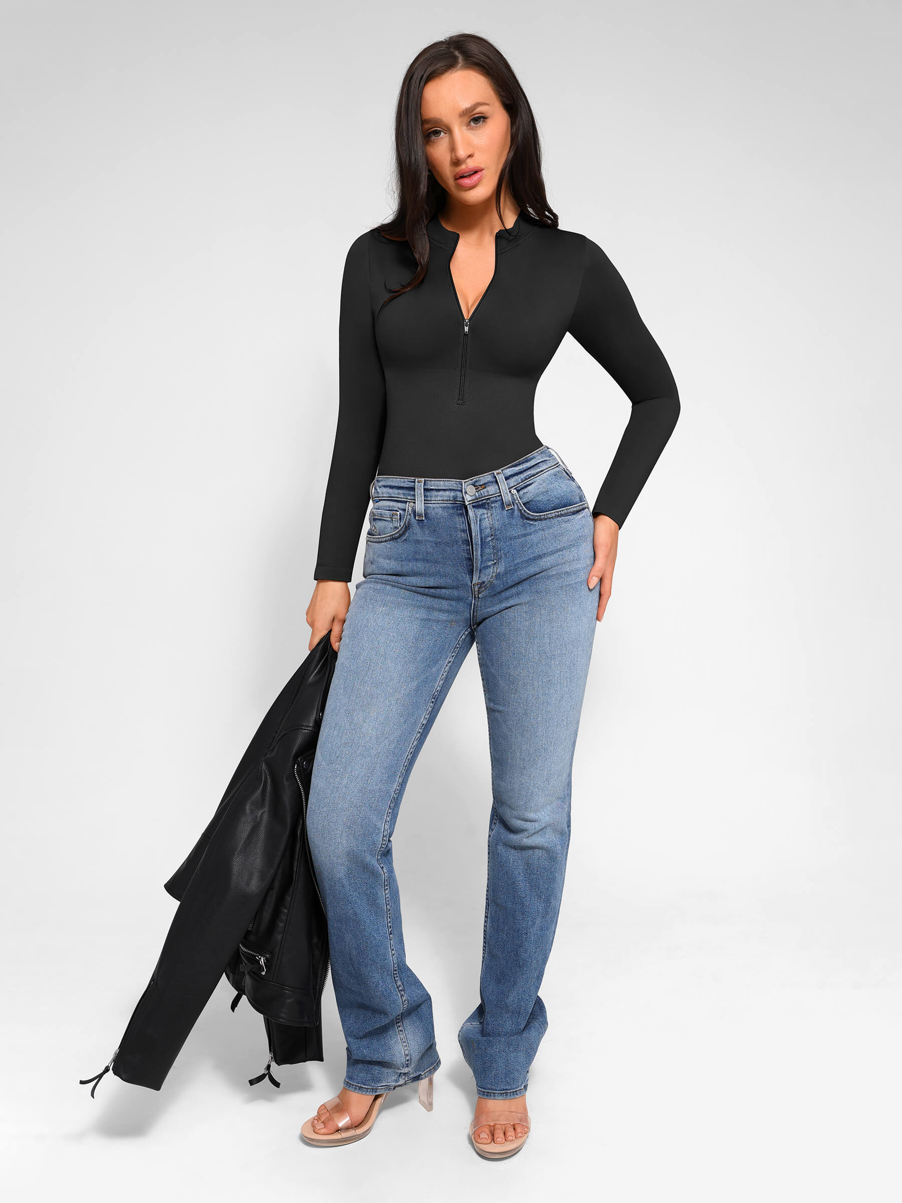 MyCurve Seamless Long Sleeve Zipper Thong Bodysuit