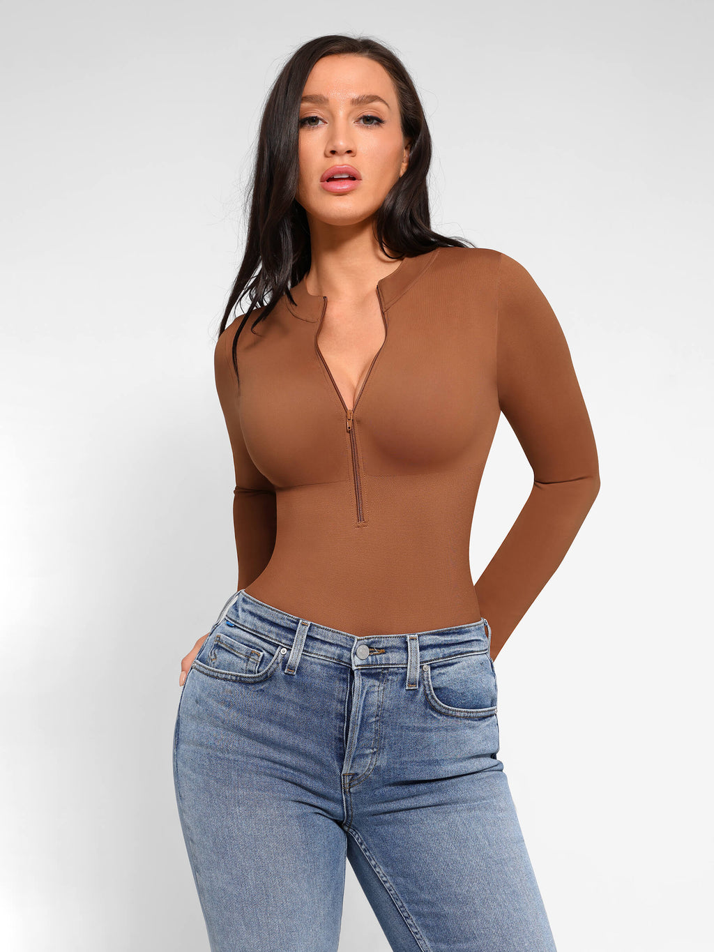 MyCurve Seamless Long Sleeve Zipper Thong Bodysuit