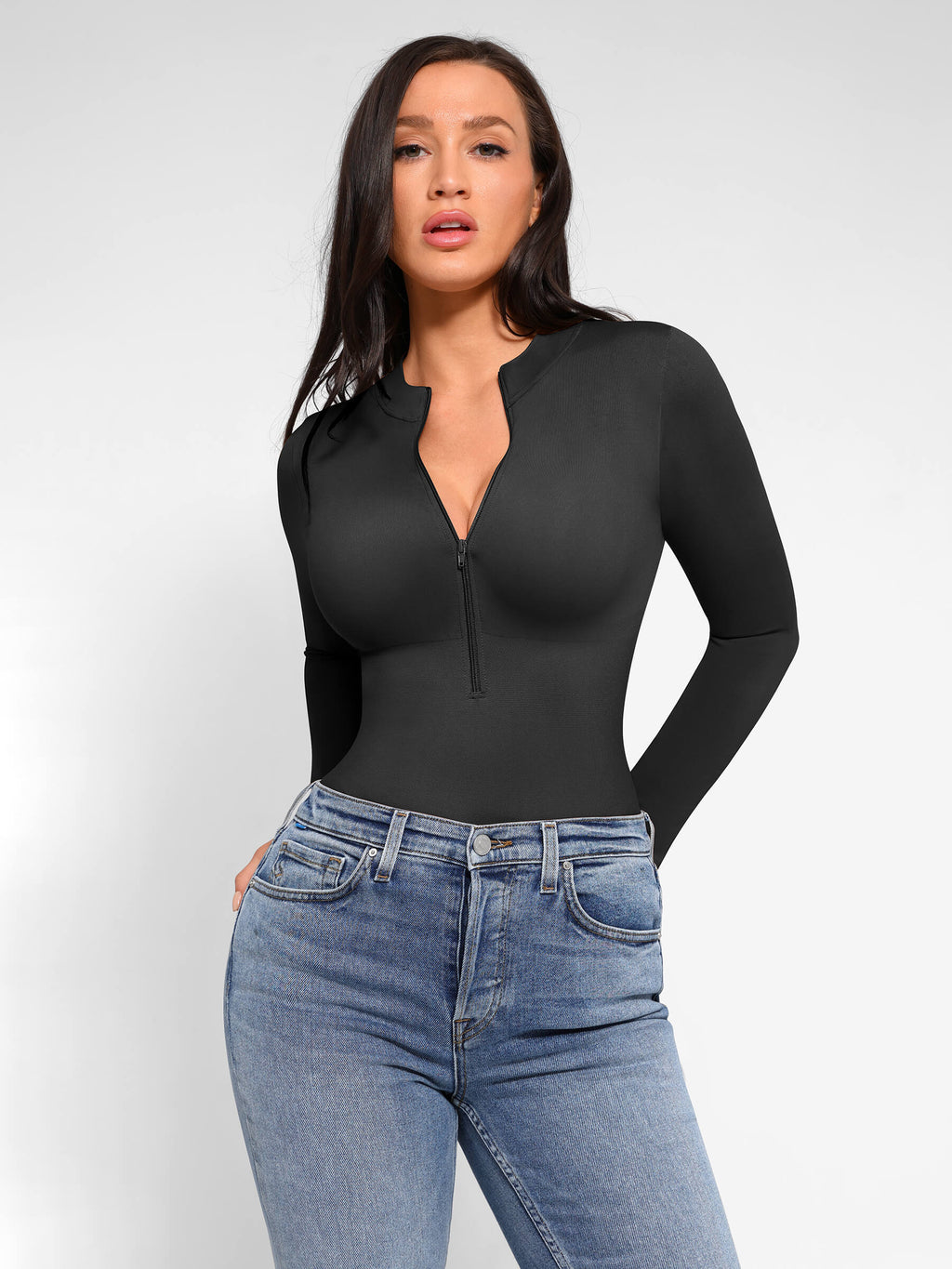 MyCurve Seamless Long Sleeve Zipper Thong Bodysuit