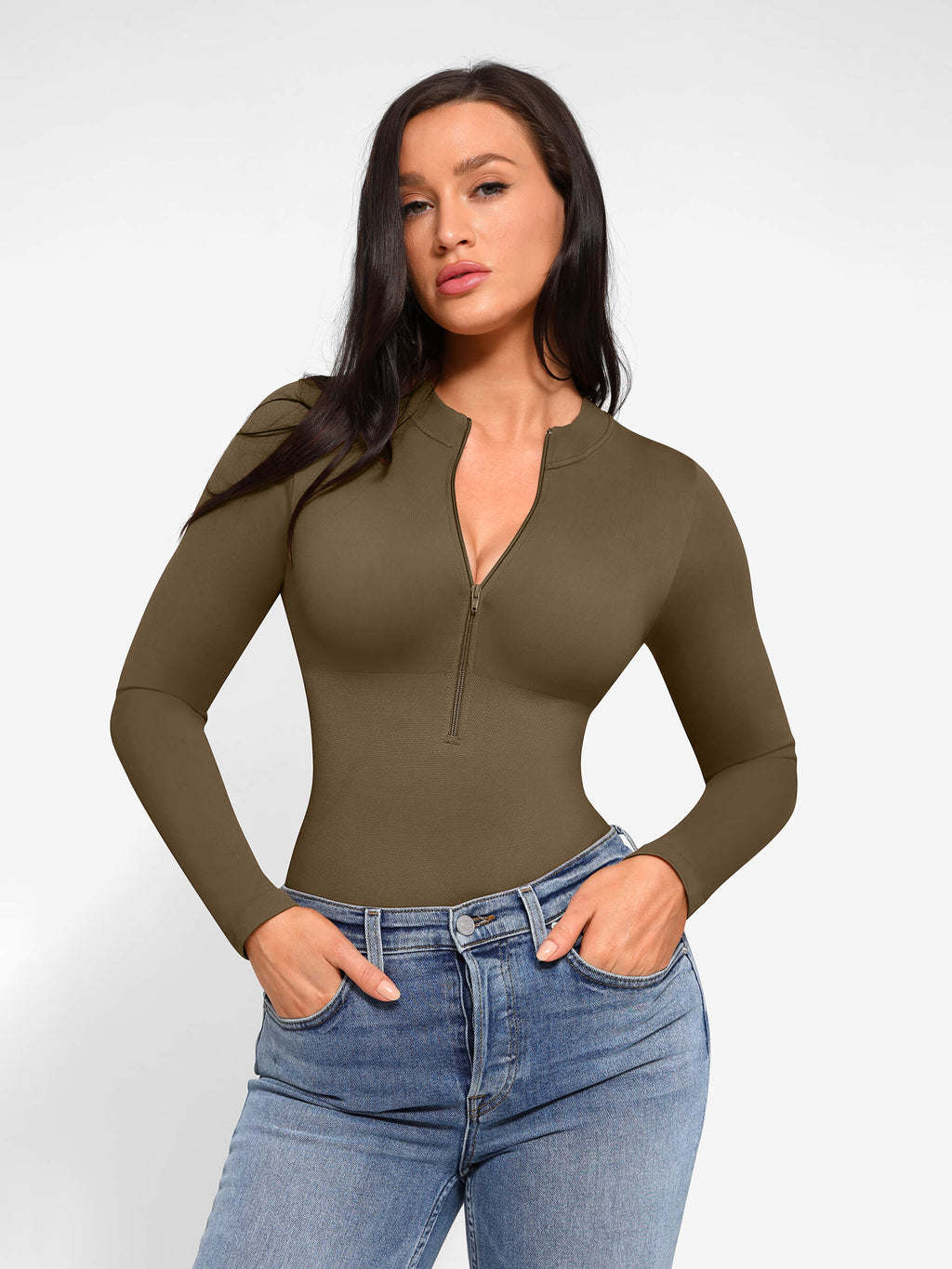 MyCurve Seamless Long Sleeve Zipper Thong Bodysuit