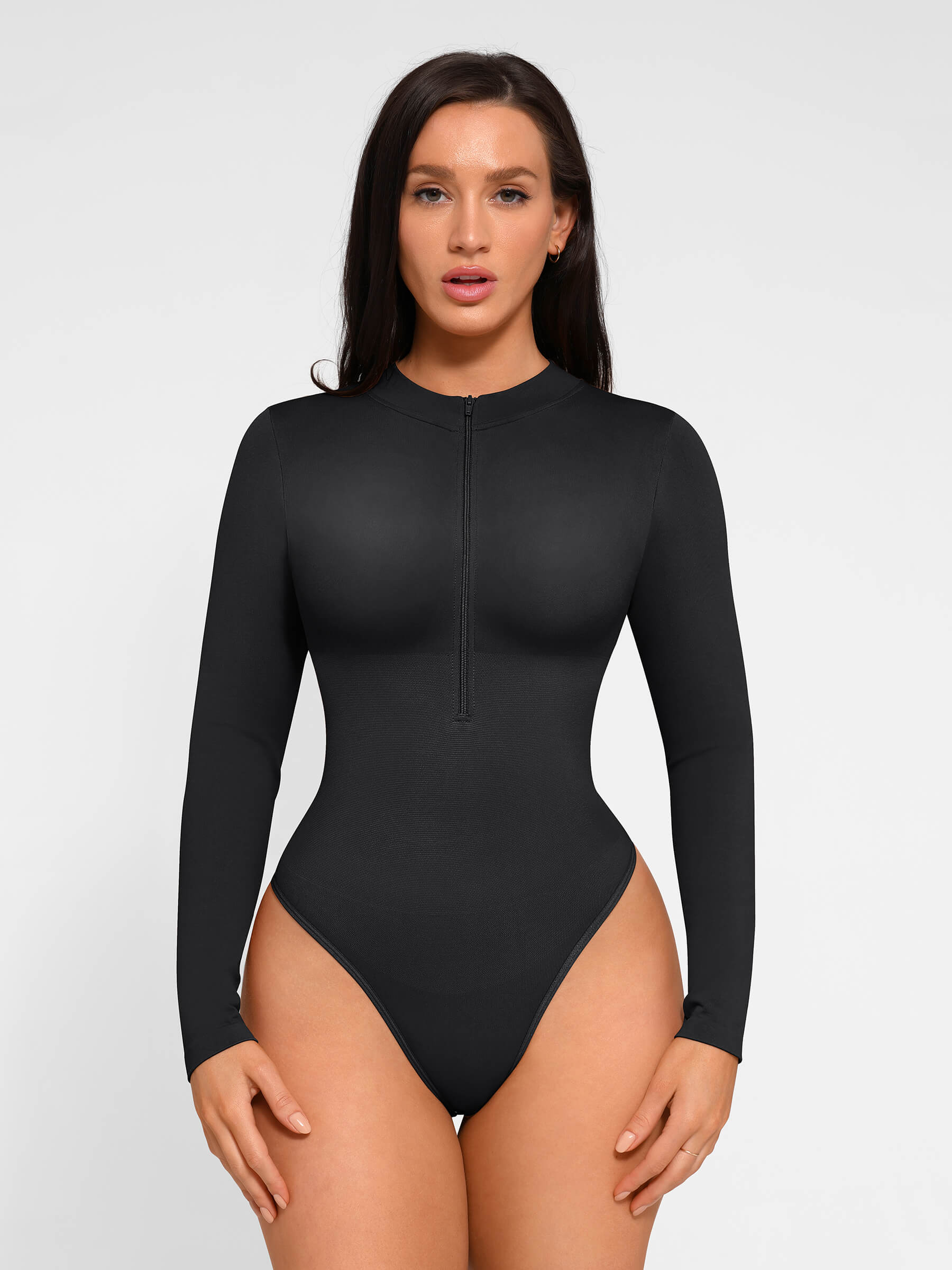MyCurve Seamless Long Sleeve Zipper Thong Bodysuit