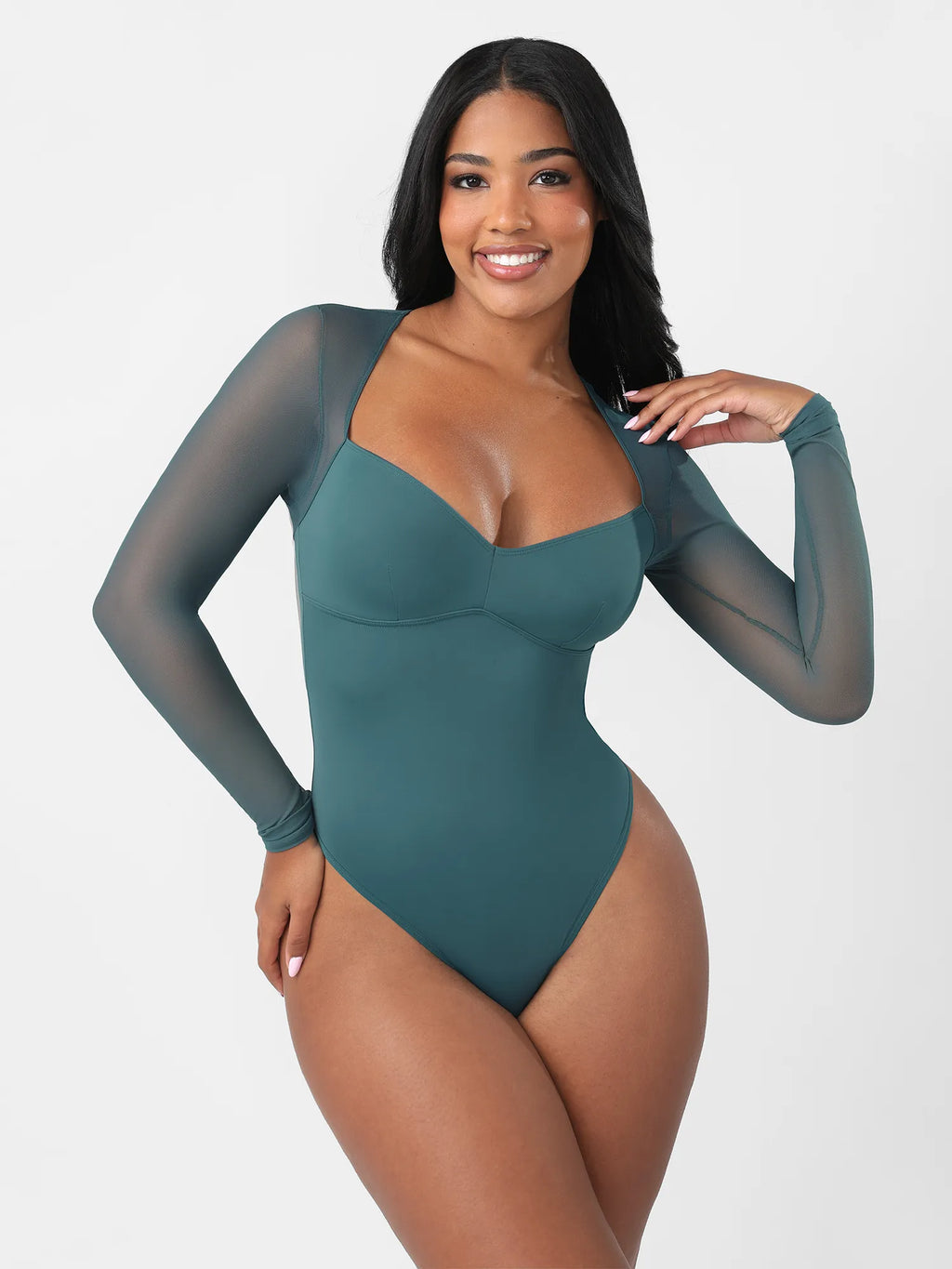 MyCurve Mesh Panel V-Neck Thong Bodysuit
