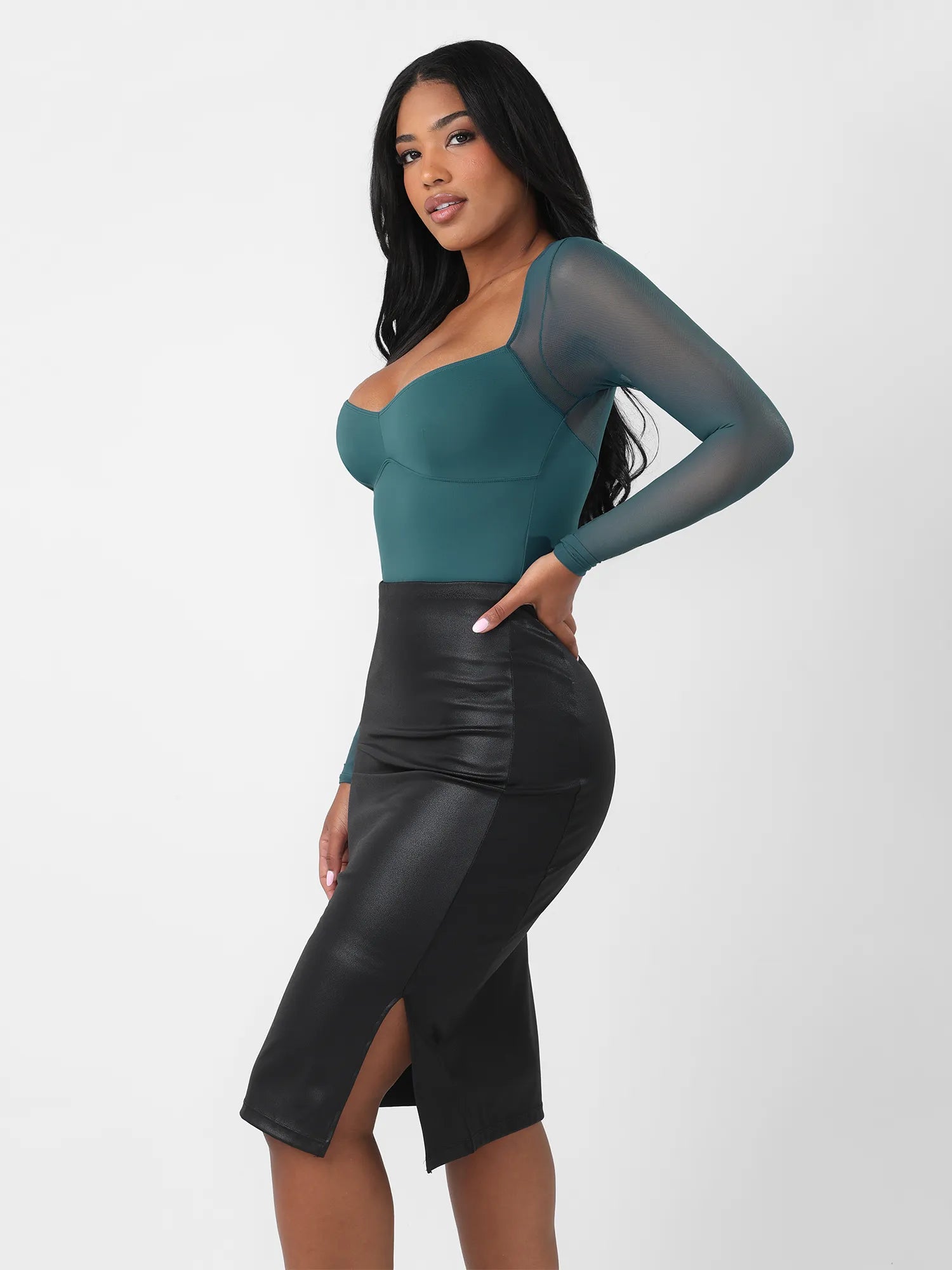 MyCurve Mesh Panel V-Neck Thong Bodysuit