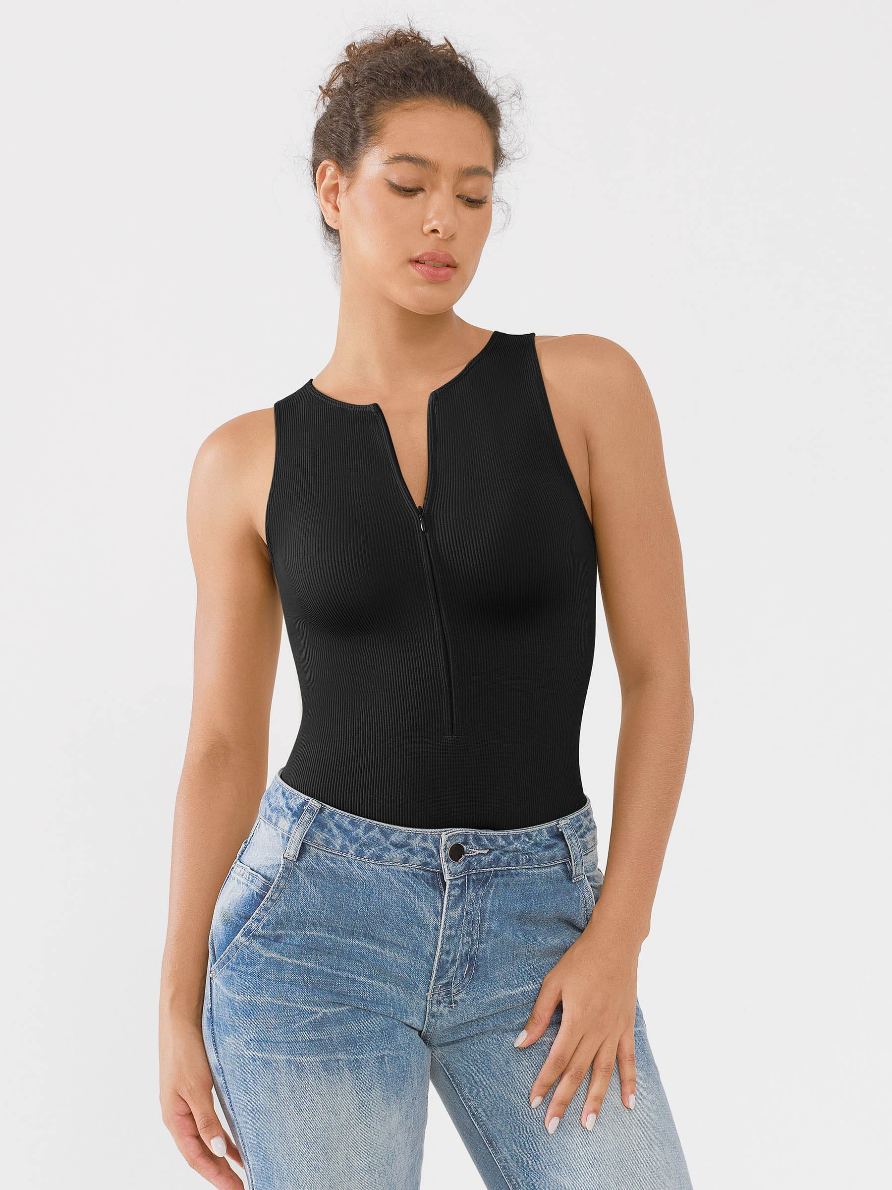Body acanalado sin costuras MyCurve con cuello redondo y cremallera invisible