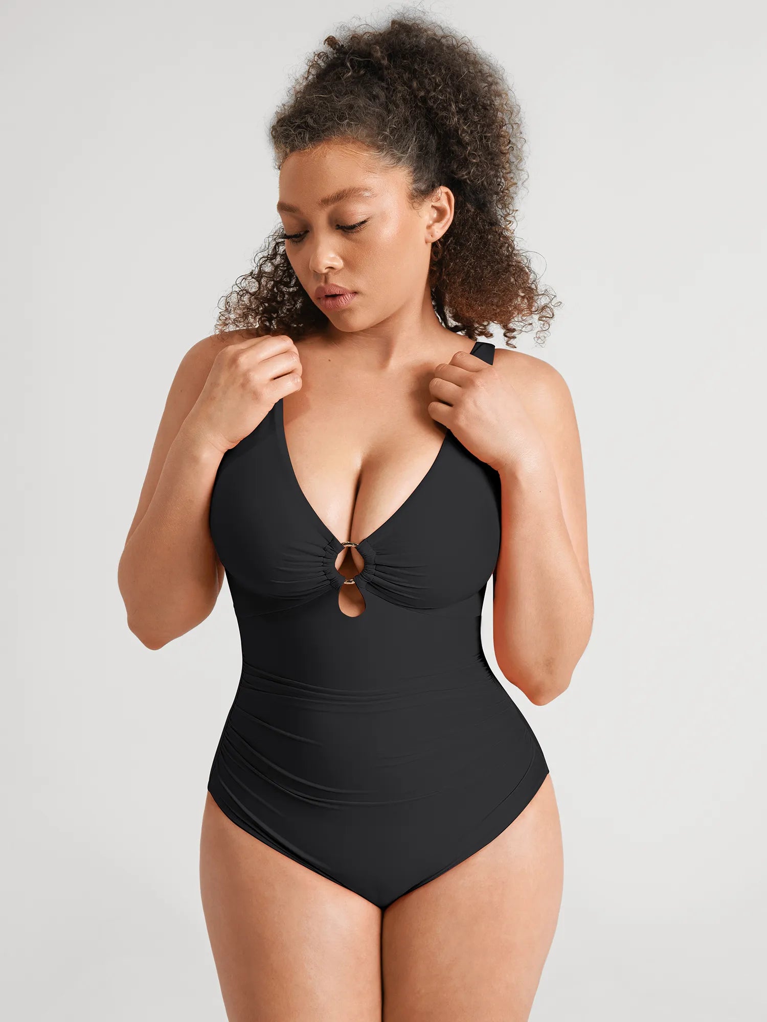 MyCurve Deep V Metal Ring Ruched Sculpting Swimsuit