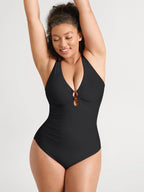 Traje de baño moldeador con fruncido y aro metálico en V profundo MyCurve