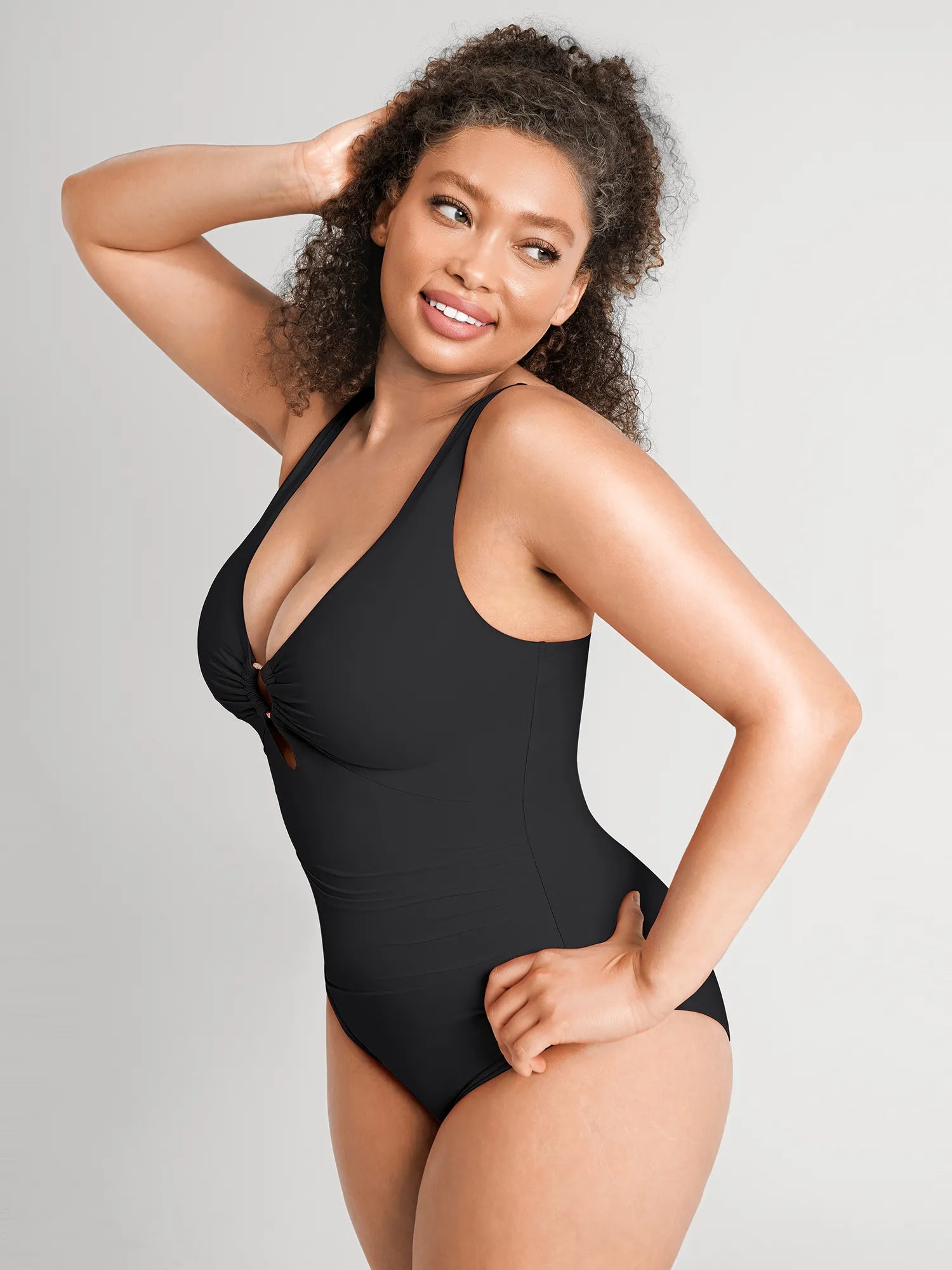 MyCurve Deep V Metal Ring Ruched Sculpting Swimsuit