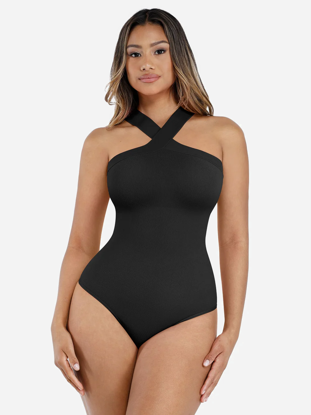 MyCurve Seamless Crossover Halter Thong Bodysuit Shapewear for Everyday Wear