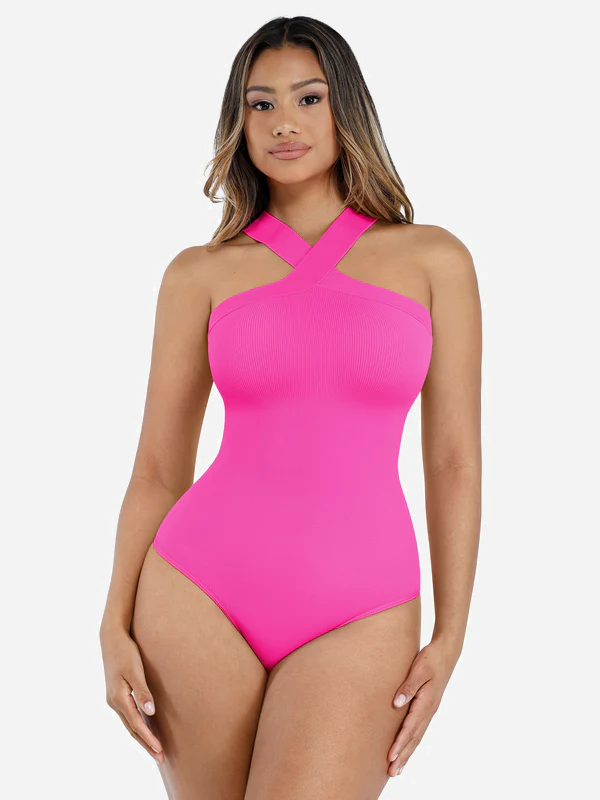 MyCurve Seamless Crossover Halter Thong Bodysuit Shapewear for Everyday Wear