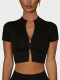 MyCurve Seamless Ribbed Zip-Front Short Sleeve Crop Top