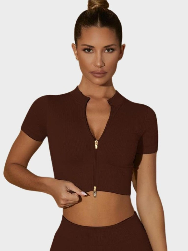 MyCurve Seamless Ribbed Zip-Front Short Sleeve Crop Top
