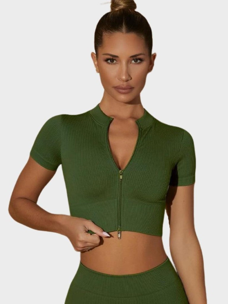 MyCurve Seamless Ribbed Zip-Front Short Sleeve Crop Top