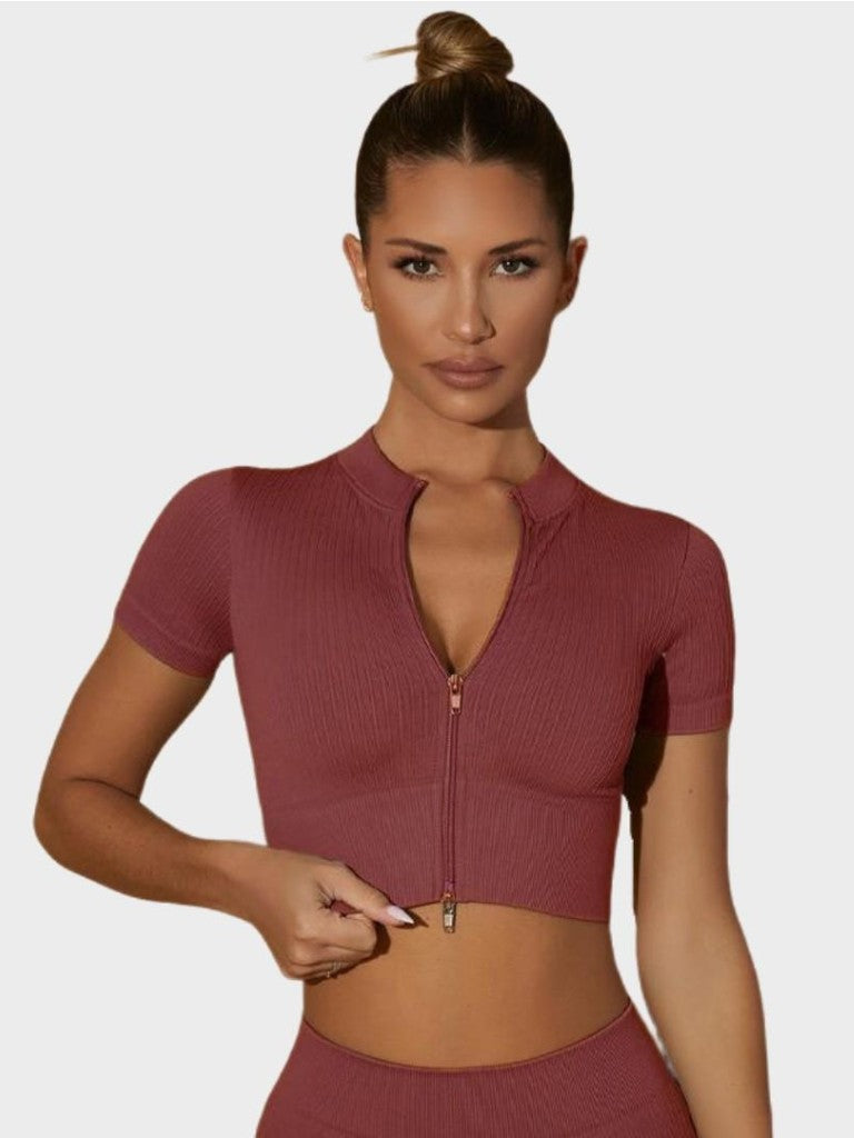 MyCurve Seamless Ribbed Zip-Front Short Sleeve Crop Top