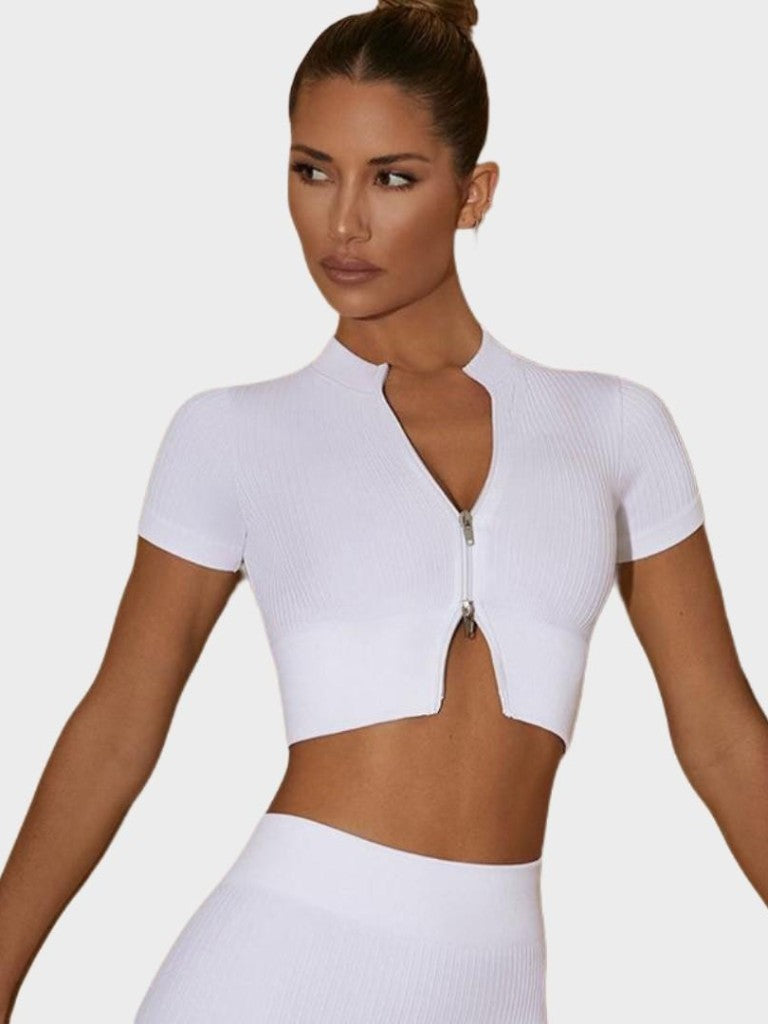 MyCurve Seamless Ribbed Zip-Front Short Sleeve Crop Top