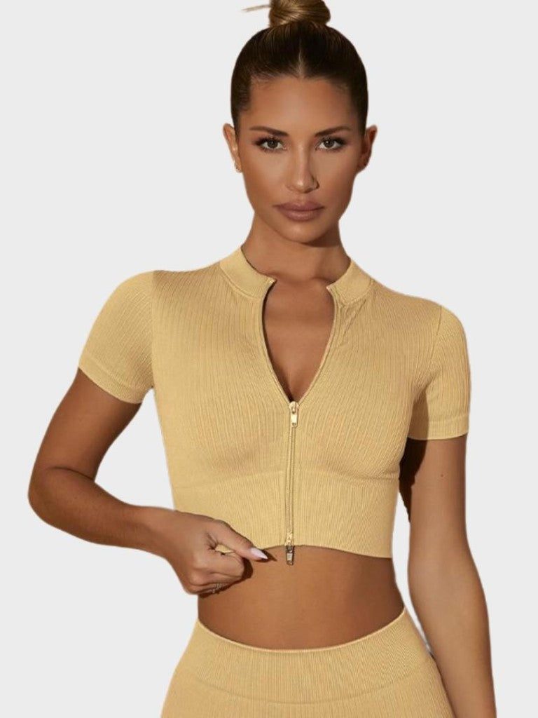 MyCurve Seamless Ribbed Zip-Front Short Sleeve Crop Top