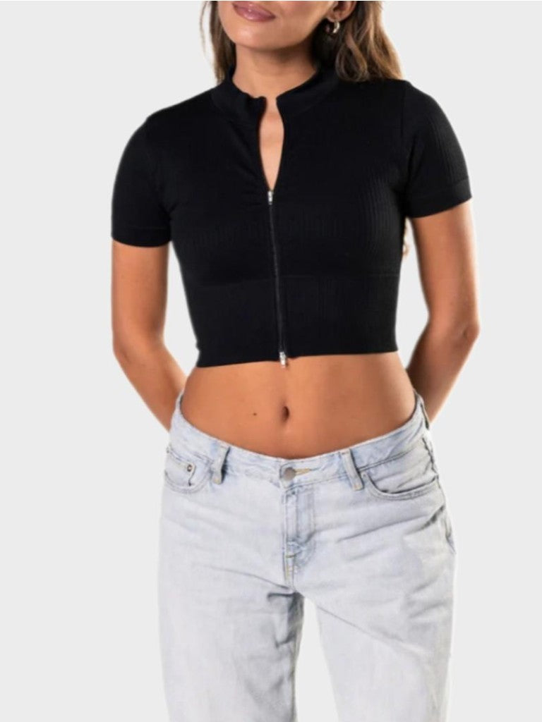 MyCurve Seamless Ribbed Zip-Front Short Sleeve Crop Top