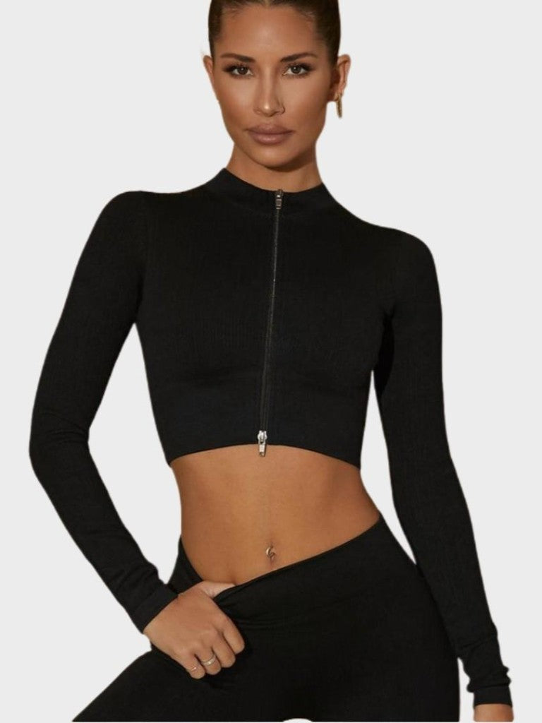 Haut court MyCurve côtelé sans coutures à manches longues et zip frontal