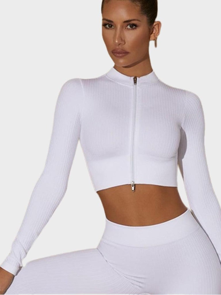Haut court MyCurve côtelé sans coutures à manches longues et zip frontal