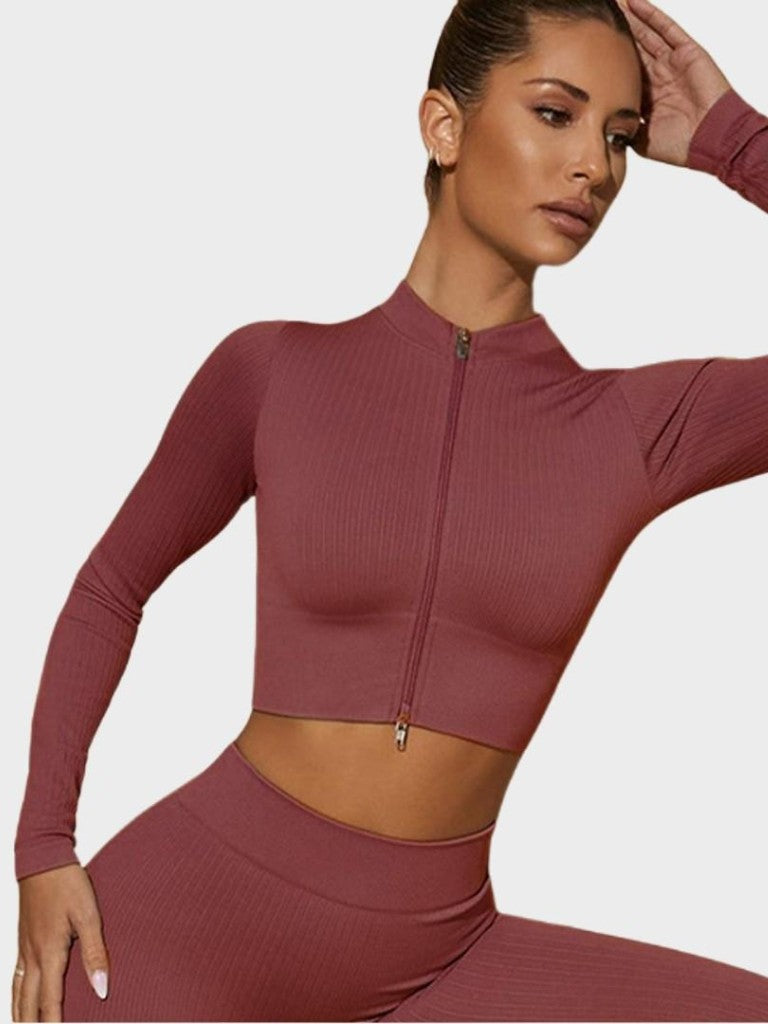 Haut court MyCurve côtelé sans coutures à manches longues et zip frontal