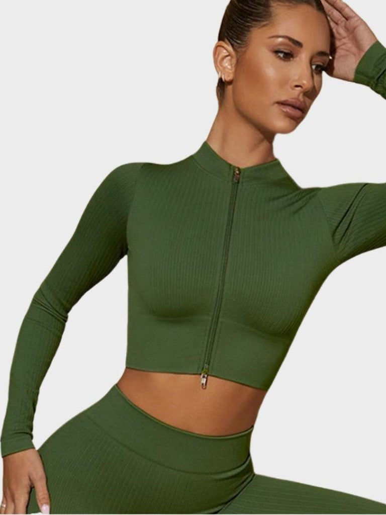 Haut court MyCurve côtelé sans coutures à manches longues et zip frontal