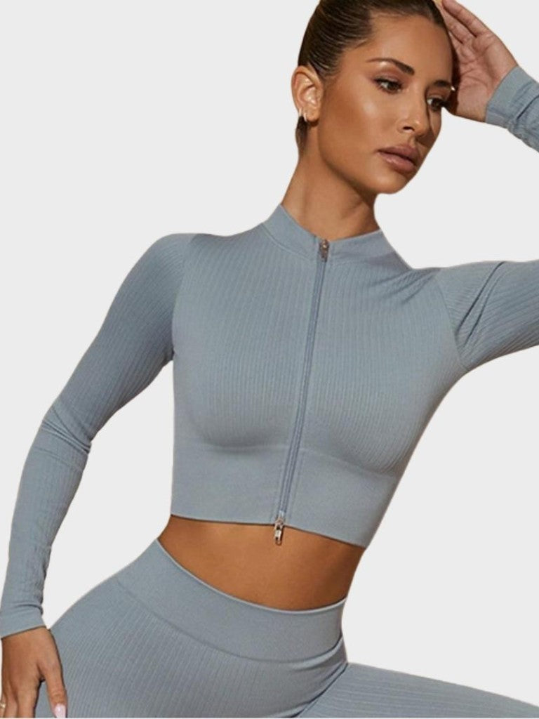 Haut court MyCurve côtelé sans coutures à manches longues et zip frontal
