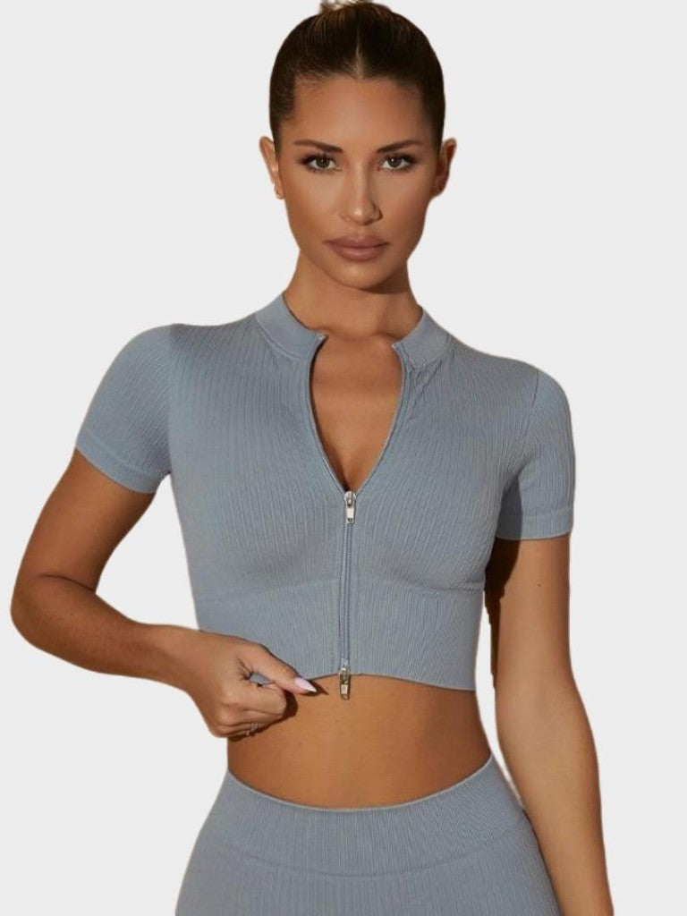 MyCurve Seamless Ribbed Zip-Front Short Sleeve Crop Top