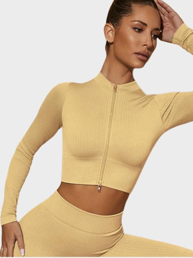 Haut court MyCurve côtelé sans coutures à manches longues et zip frontal